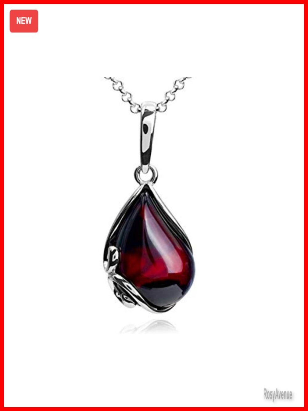 Sterling Silver Natural Amber Pendant Necklace Rolo Chain 18 Inch